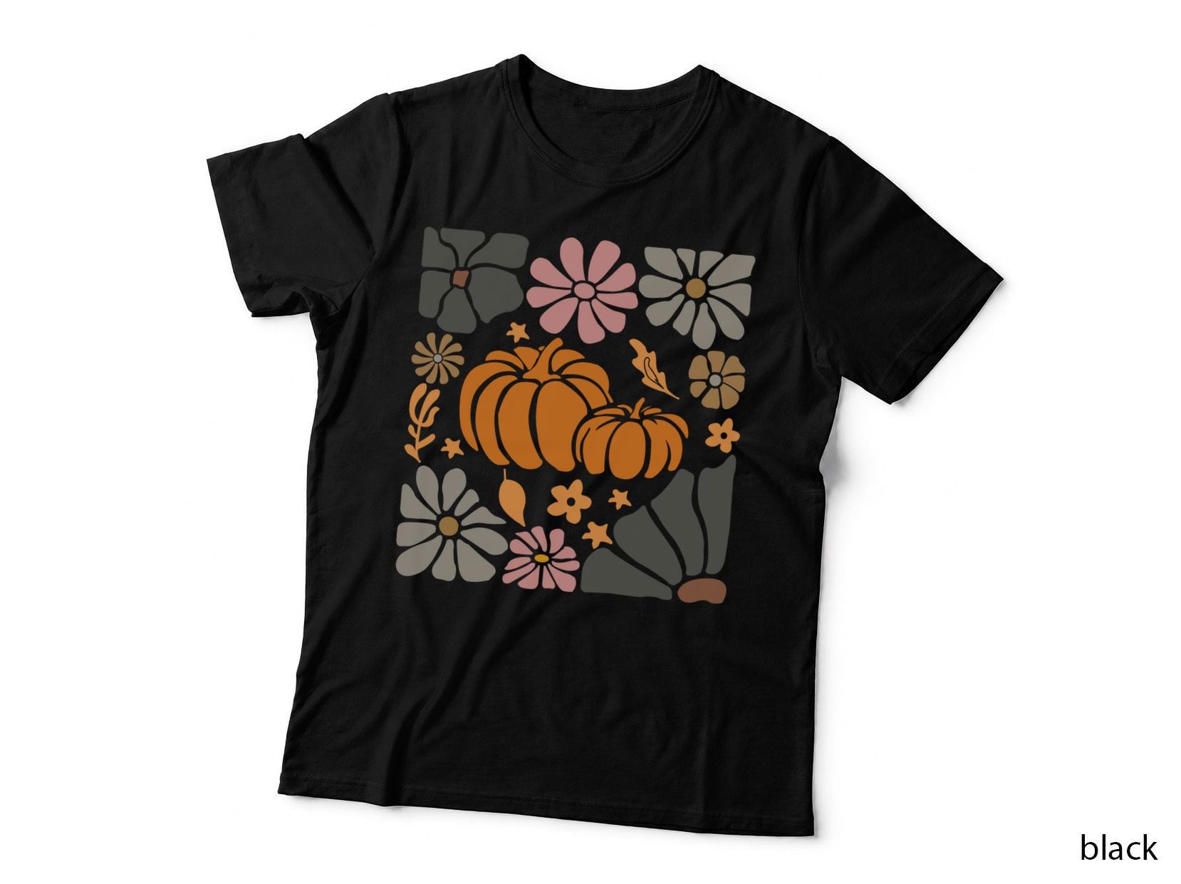 Orange Pumpkin Surrounded by Flowers Fall T-Shirt, Autumn Season Graphic Tee