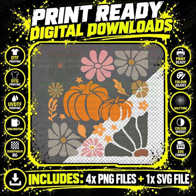 Orange Pumpkin Surrounded by Flowers Fall T-Shirt Png SVG Digital Bundle