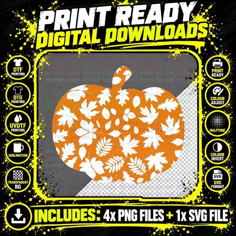 Orange Pumpkin White Leaf Pattern Fall T-Shirt Png SVG Digital Bundle