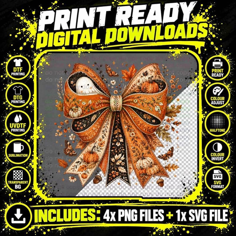 Ornate Bow Pumpkins Ghost Halloween T-Shirt Png SVG Digital Bundle