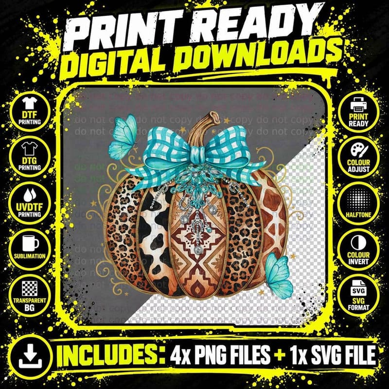 Ornate Decorated Pumpkin Bow Rhinestones Fall T-Shirt Png SVG Digital Bundle