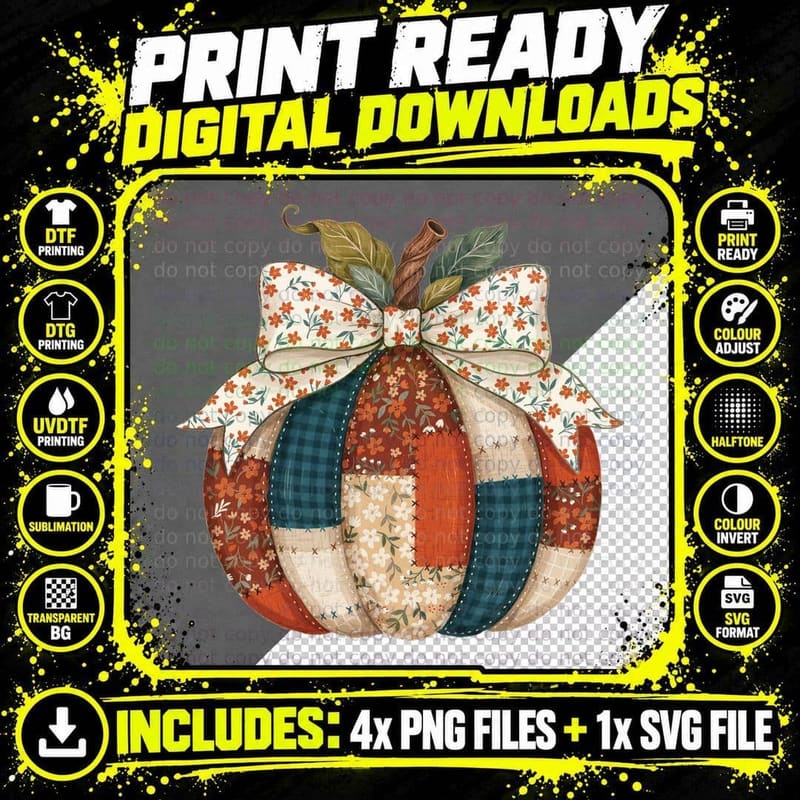Patchwork Pumpkin Bow Florals Fall T-Shirt Png SVG Digital Bundle
