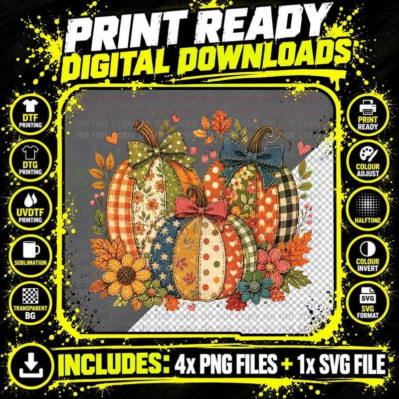 Patchwork Pumpkin Decorative Bows Fall T-Shirt Png SVG Digital Bundle