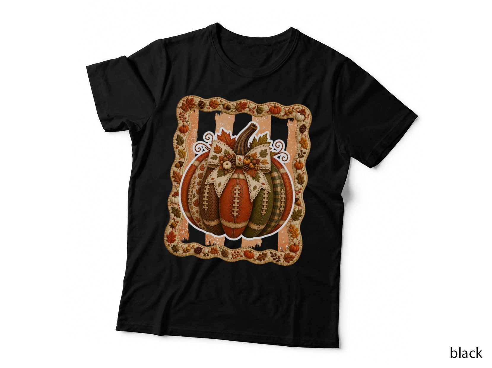 Patchwork Pumpkin Football Lace Bow Fall T-Shirt, Autumn Season Graphic Tee