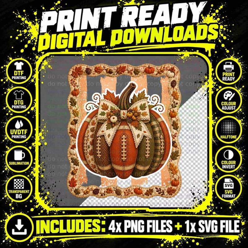 Patchwork Pumpkin Football Lace Bow Fall T-Shirt Png SVG Digital Bundle