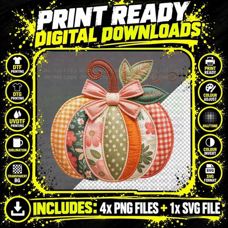 Patchwork Pumpkin Pink Ribbon Fall T-Shirt Png SVG Digital Bundle