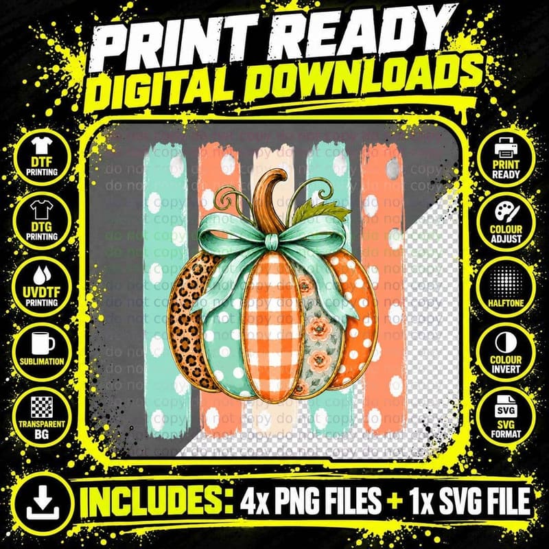 Patchwork Pumpkin with Bow and Gingham Fall T-Shirt Png SVG Digital Bundle