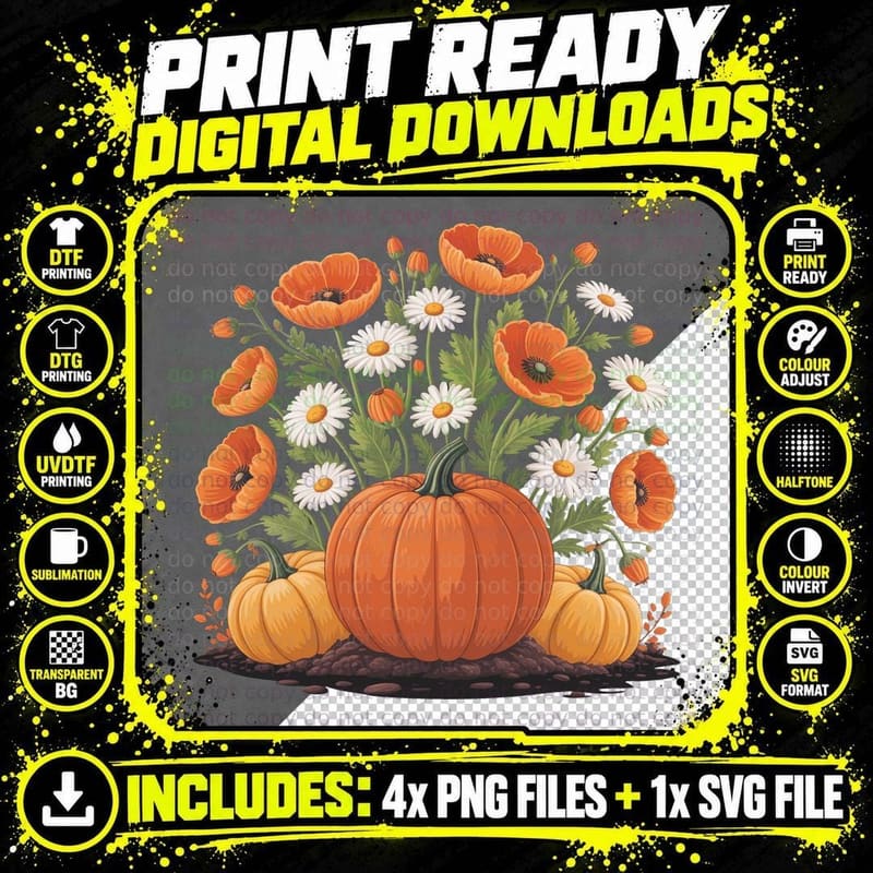 Patterned Pumpkins Flowers Bows Fall T-Shirt Png SVG Digital Bundle
