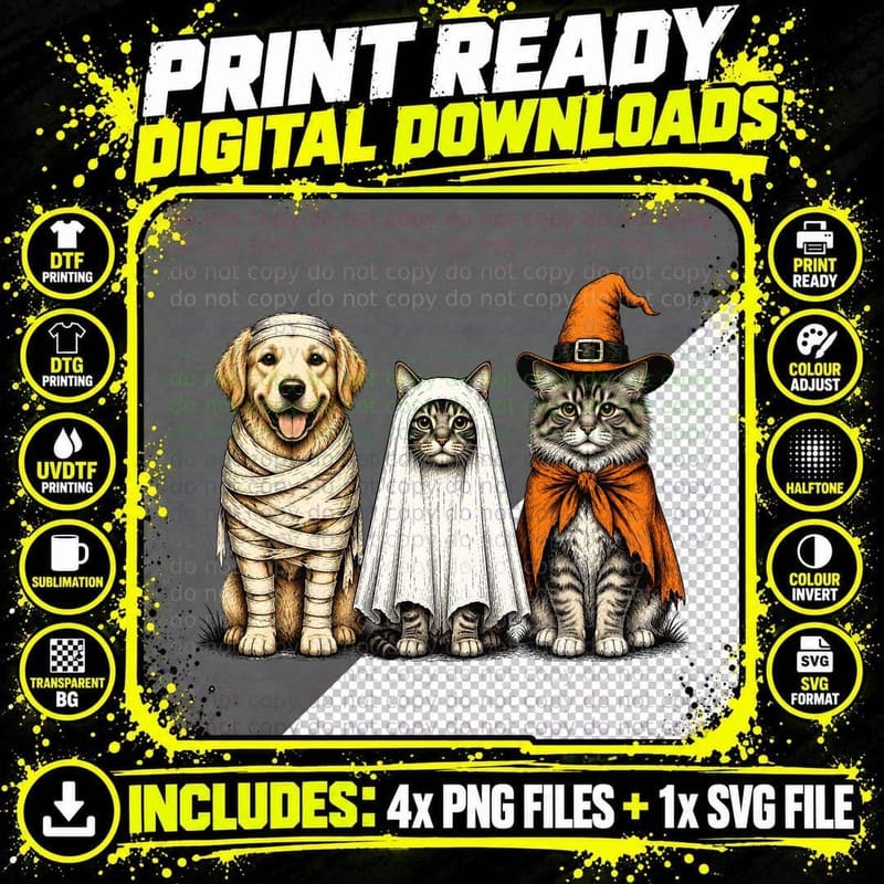 Pets Dressed as Halloween Monsters Halloween T-Shirt Png SVG Digital Bundle