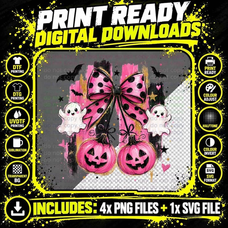 Pink Polka Bow Ghosties Halloween T-Shirt Png SVG Digital Bundle