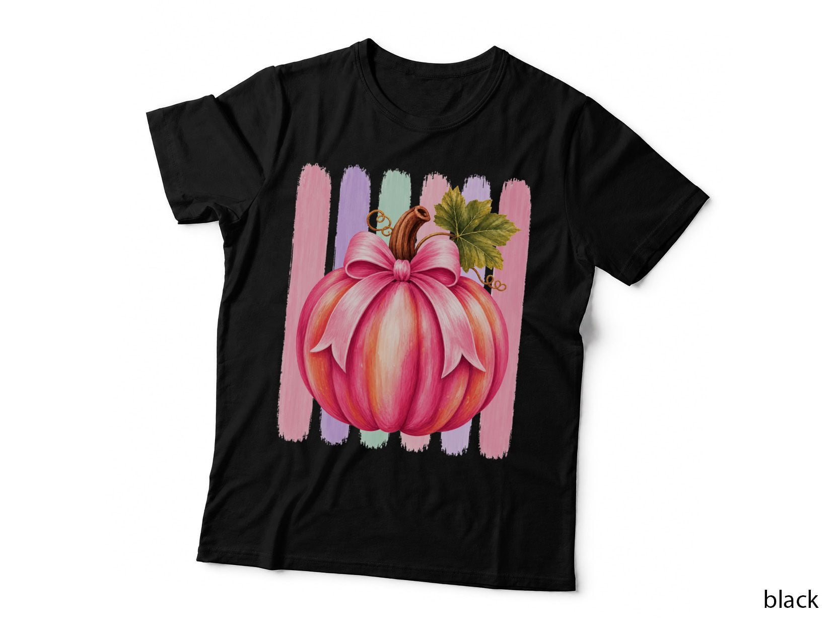 Pink Pumpkin Gradient Bow Fall T-Shirt, Autumn Season Graphic Tee