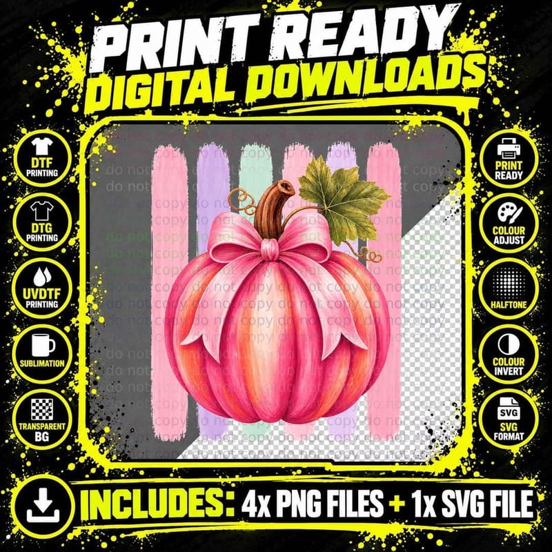 Pink Pumpkin Gradient Bow Fall T-Shirt Png SVG Digital Bundle