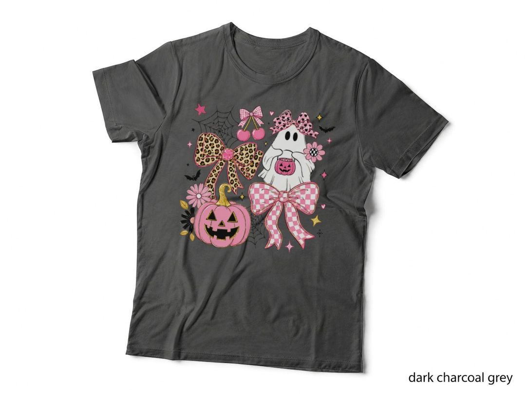 Pink Yellow Ghost Jack-O-Lantern Checkered Bow Halloween T-Shirt