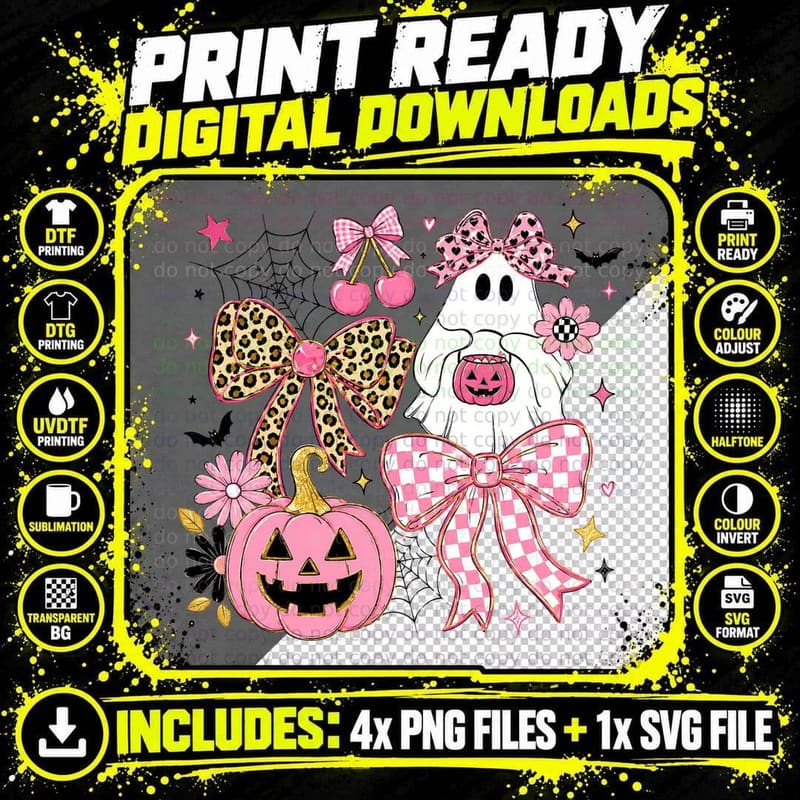 Pink Yellow Ghost Jack-O-Lantern Checkered Bow Halloween Png SVG Digital Bundle