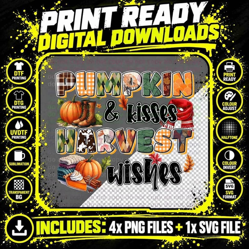 Pumpkin & Kisses Harvest Wishes Fall T-Shirt Png SVG Digital Bundle