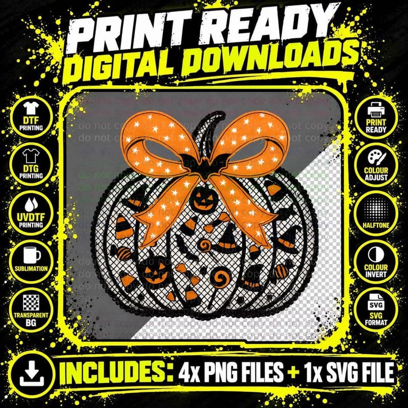 Pumpkin Checkered Pattern Bow Halloween T-Shirt Png SVG Digital Bundle