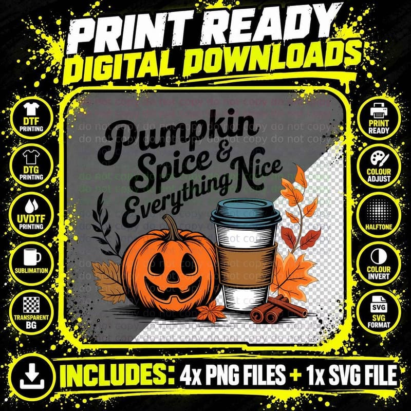 Pumpkin Coffee Cup Leaves Fall T-Shirt Png SVG Digital Bundle