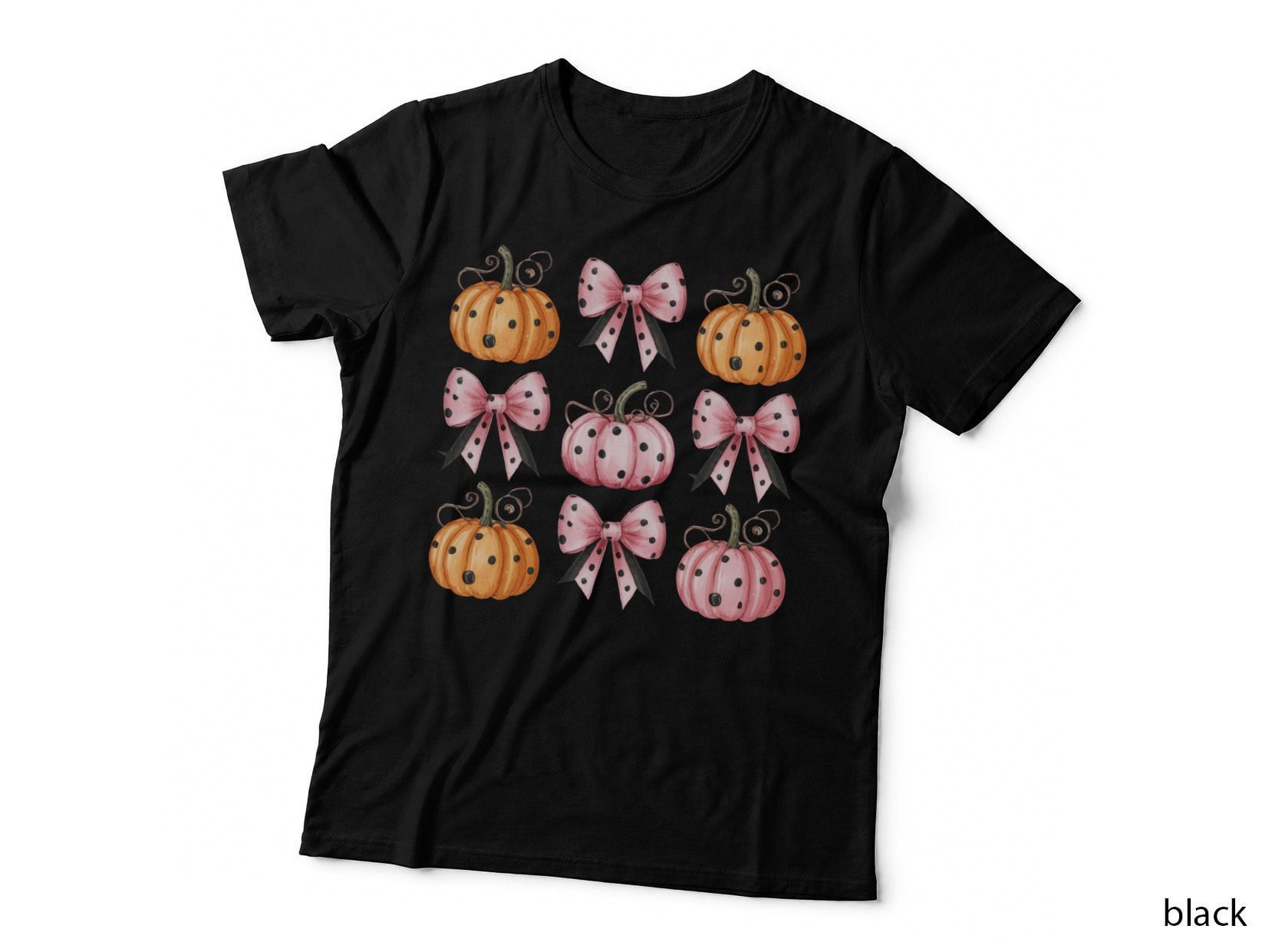 Pumpkin Grid Pink Bows Fall T-Shirt, Autumn Season Graphic Tee