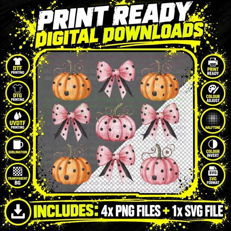 Pumpkin Grid Pink Bows Fall T-Shirt Png SVG Digital Bundle