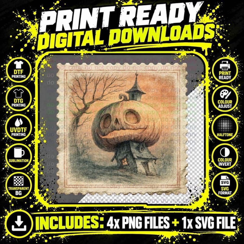 Pumpkin Head on Small Church Halloween T-Shirt Png SVG Digital Bundle