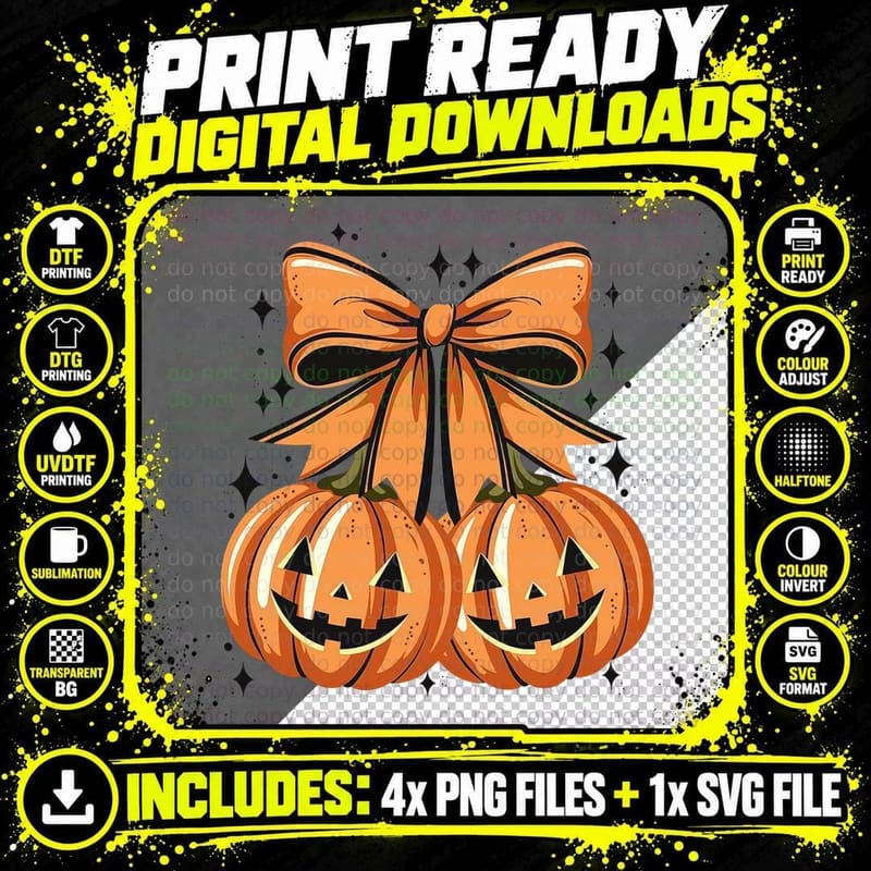 Pumpkin Jack-O-Lantern Bow Faces Fall T-Shirt Png SVG Digital Bundle
