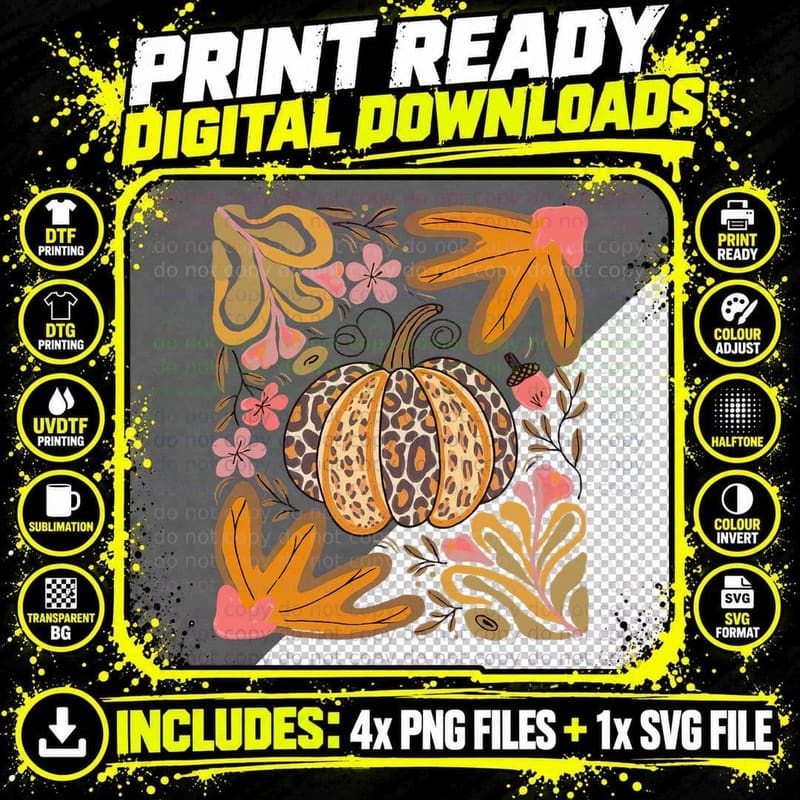 Pumpkin Leopard Pattern Flowers Fall T-Shirt Png SVG Digital Bundle