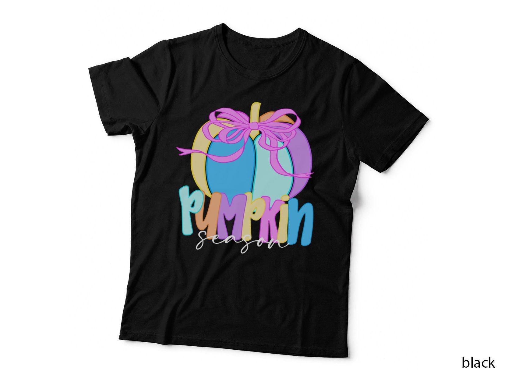 Pumpkin Season Fall T-Shirt, Bright Neon Pumpkin Magenta Bow Autumn Tee