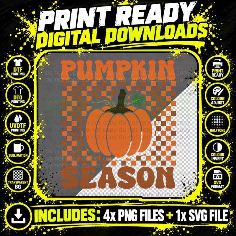 Pumpkin Season Fall T-Shirt, Checkered Pumpkin Autumn Png SVG Digital Bundle