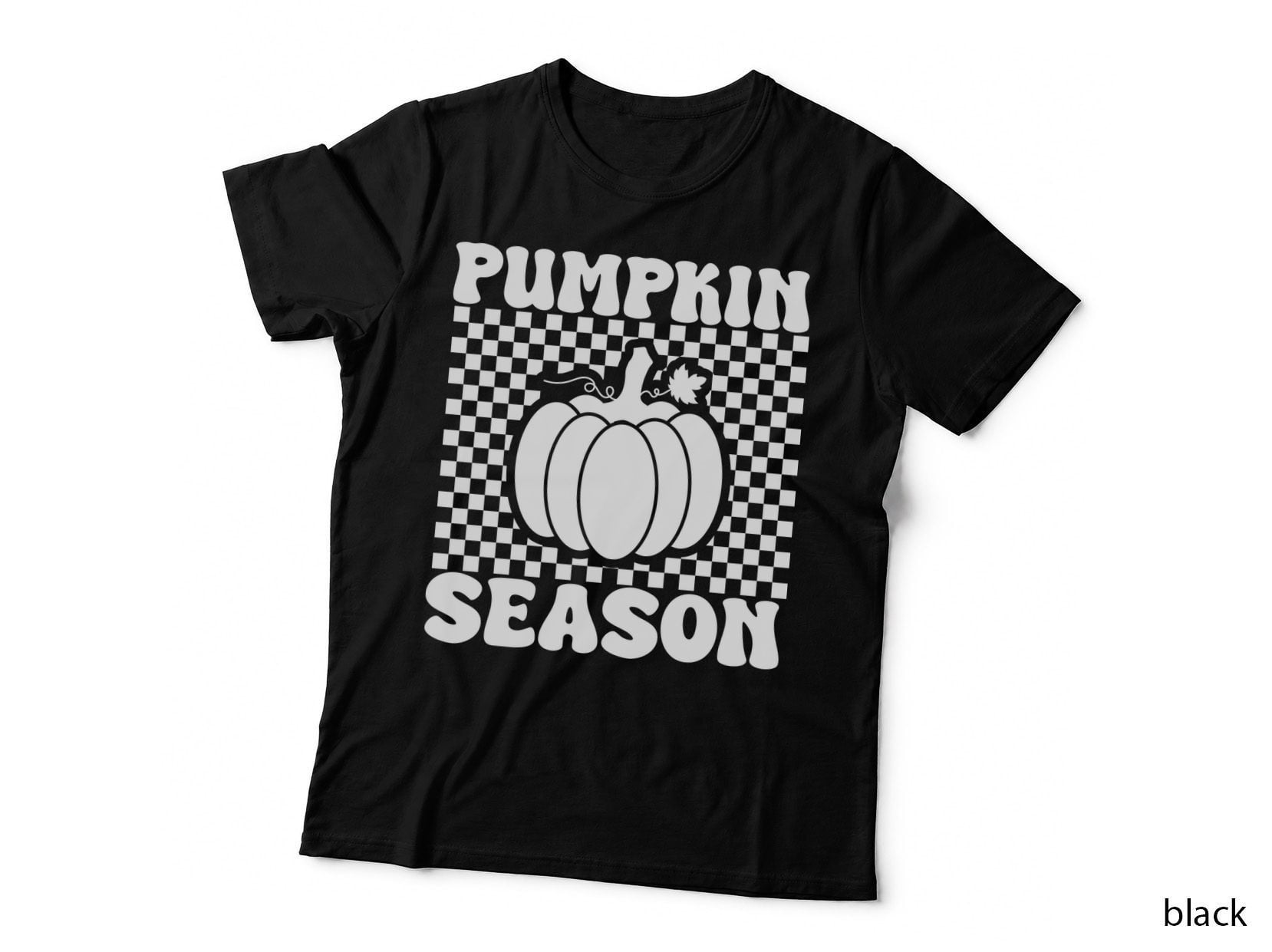 Pumpkin Season Fall T-Shirt, Cream Checkerboard Pumpkin Text Design Autumn Tee