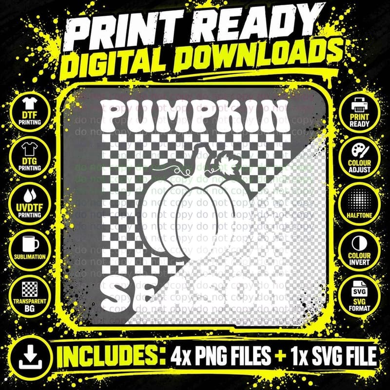 Pumpkin Season Fall T-Shirt, Cream Checkerboard Pumpkin Png SVG Digital Bundle