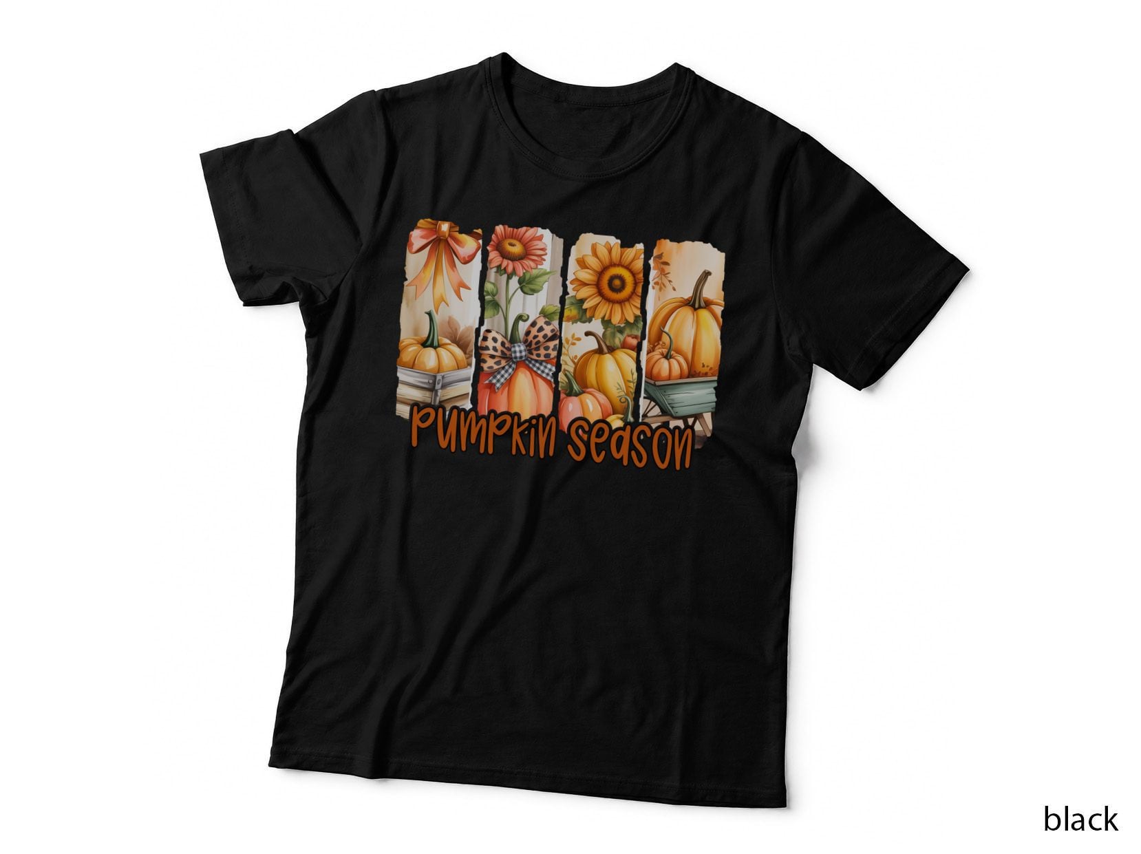 Pumpkin Season Fall T-Shirt, Four Vertical Panels with Seasonal Items Autumn