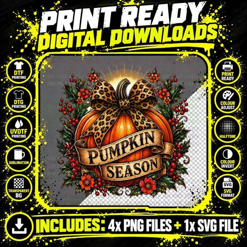 Pumpkin Season Fall T-Shirt, Leopard Bow Pumpkin Berries Png SVG Digital Bundle