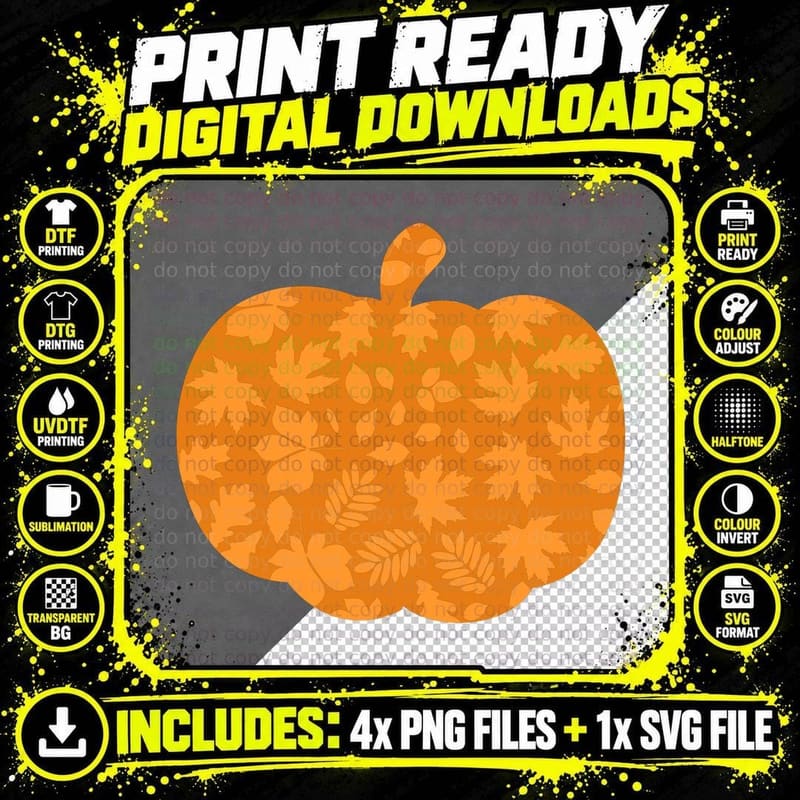 Pumpkin Silhouette with Leaf Fill Fall T-Shirt Png SVG Digital Bundle