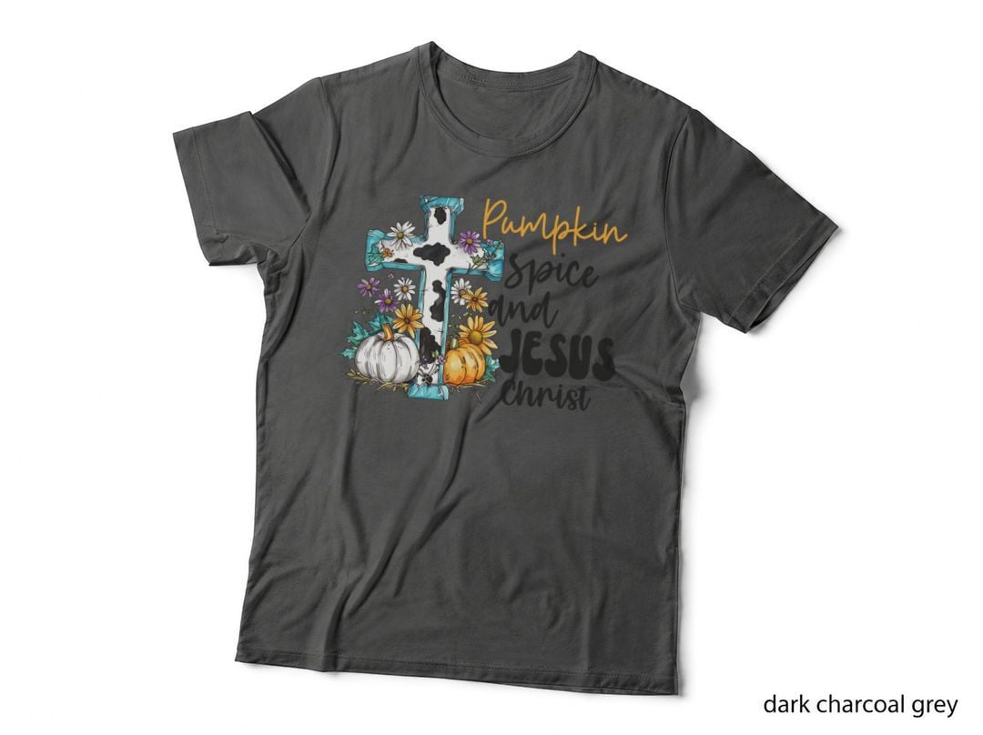 Pumpkin Spice and Jesus Christ Fall T-Shirt, Floral Cross with Pumpkin Design