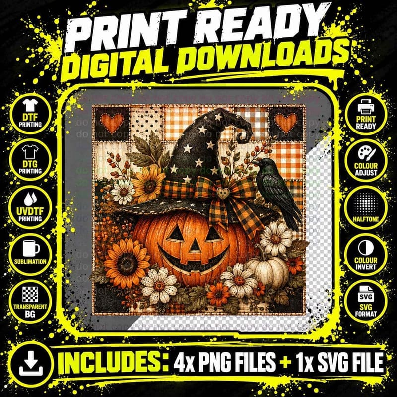 Pumpkin Witch Hat Crow Halloween T-Shirt Png SVG Digital Bundle