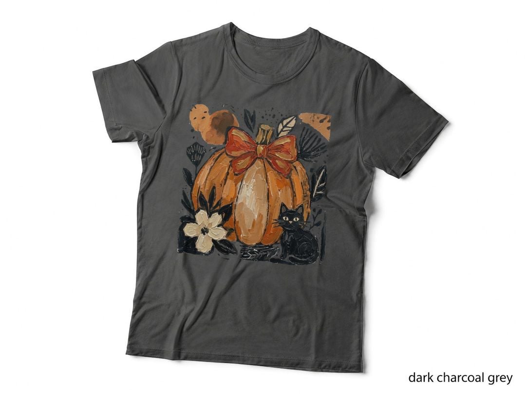Pumpkin with Bow Cat Artistic Fall T-Shirt, Autumn Season Graphic Tee