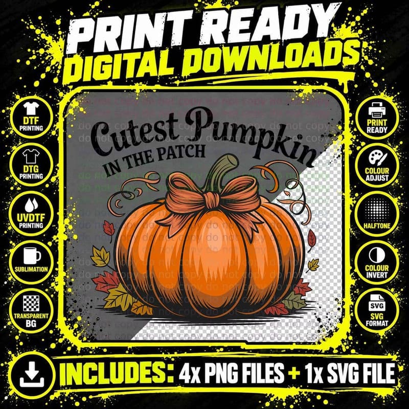 Pumpkin with Bow and Leaves Fall T-Shirt Png SVG Digital Bundle