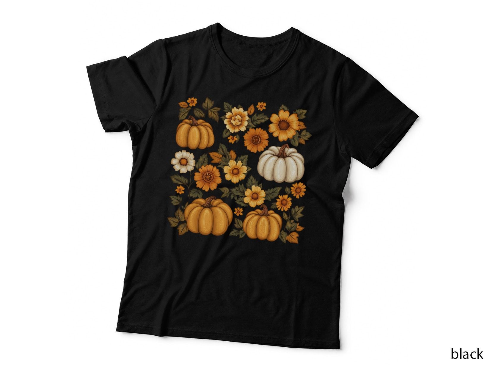Pumpkins Sunflowers Leaves Pattern Halloween T-Shirt, Spooky Season Graphic Tee