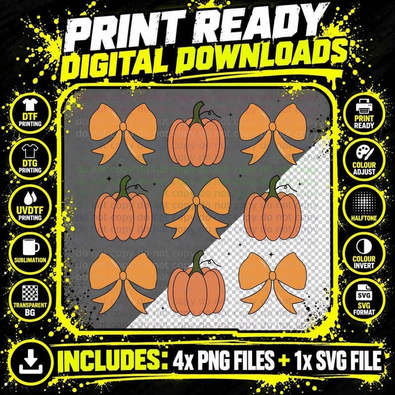 Pumpkins with Orange Bows Grid Pattern Fall T-Shirt Png SVG Digital Bundle