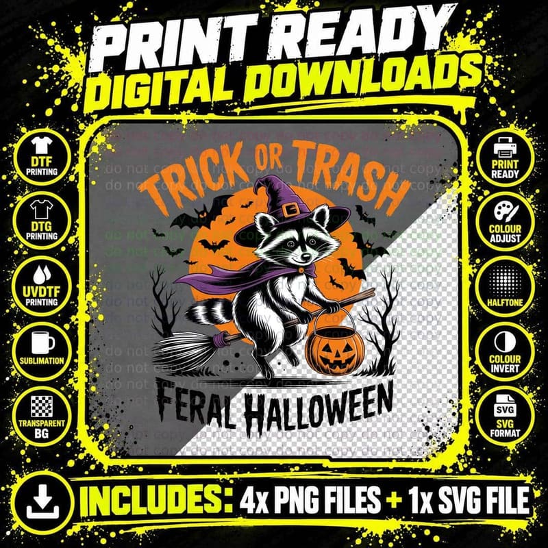 Raccoon Witch Broomstick Pumpkin Halloween T-Shirt Png SVG Digital Bundle