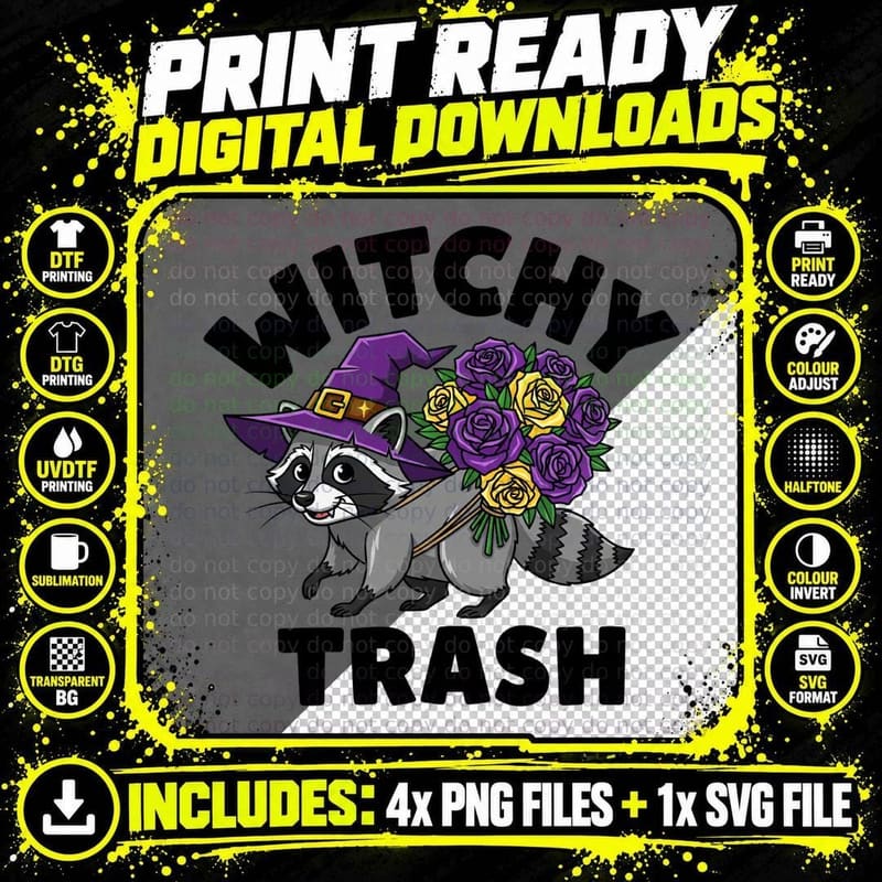 Raccoon Witch Flower Bouquet Halloween T-Shirt Png SVG Digital Bundle