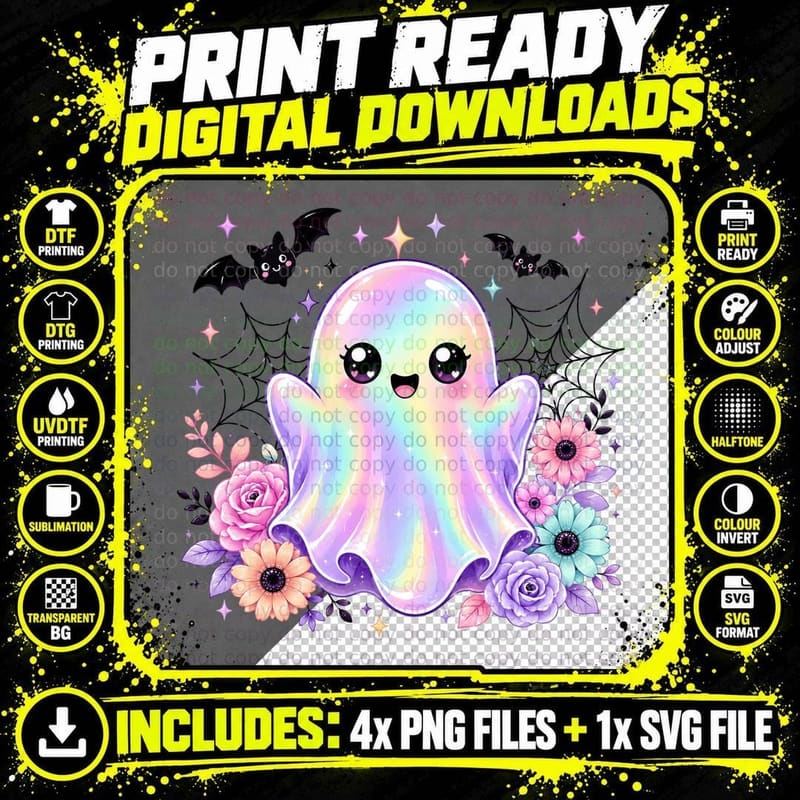 Rainbow Gradient Ghost Flowers Halloween T-Shirt Png SVG Digital Bundle