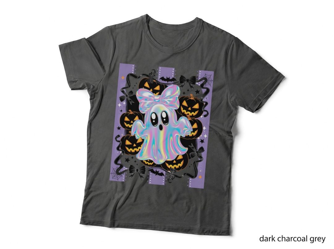 Rainbow Holographic Ghost with Bow Halloween T-Shirt, Spooky Season Graphic Tee