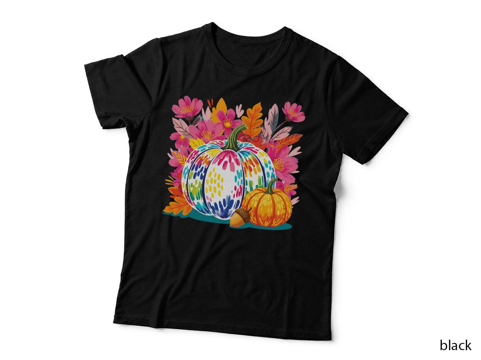 Rainbow Pumpkin Flowers Scene Fall T-Shirt, Autumn Season Graphic Tee