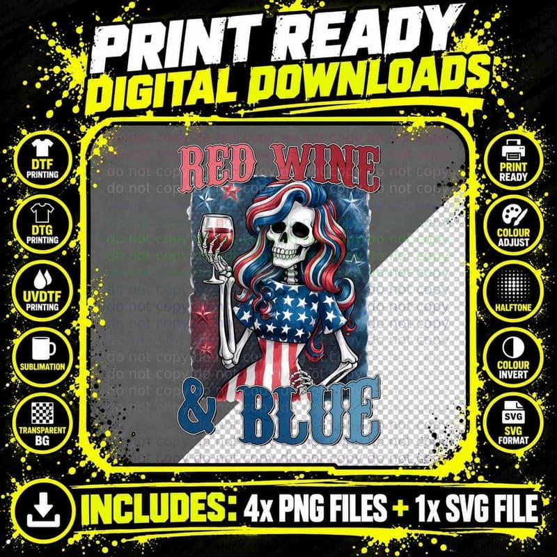 Red Wine & Blue Funny Skull T-Shirt Png SVG Digital Bundle