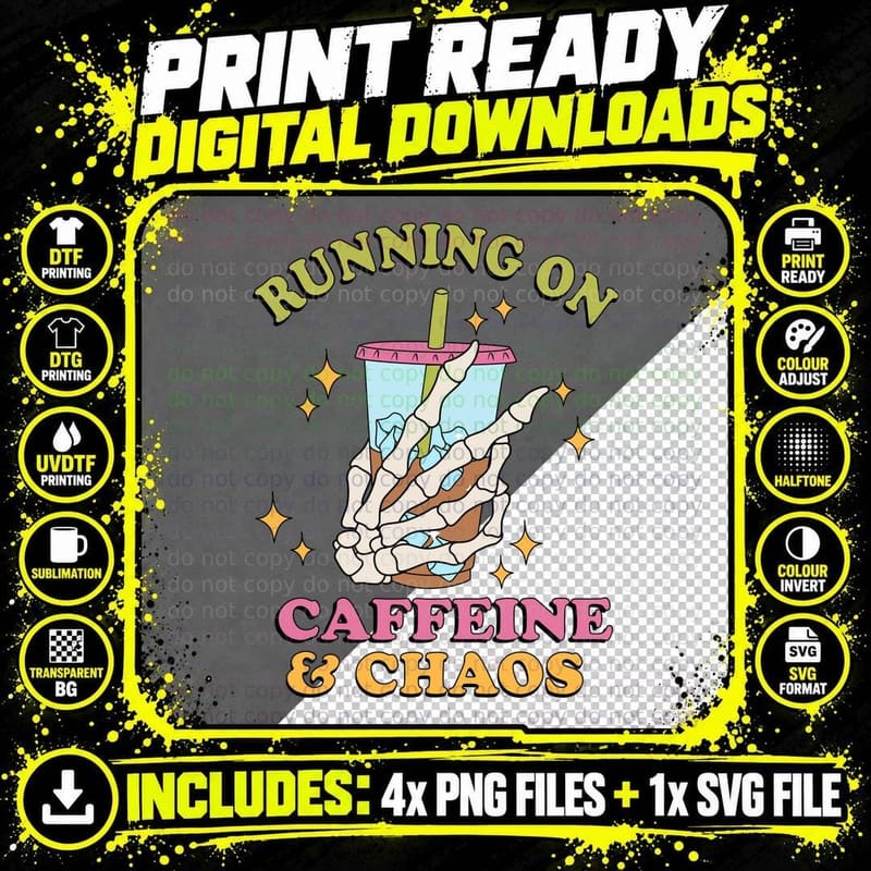 Running on Caffeine & Chaos Mental Health T-Shirt Png SVG Digital Bundle