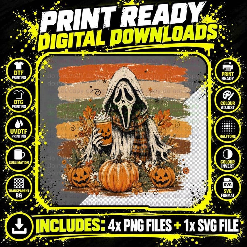 Scary Ghost Pumpkins Plaid Scarf Coffee Fall T-Shirt Png SVG Digital Bundle