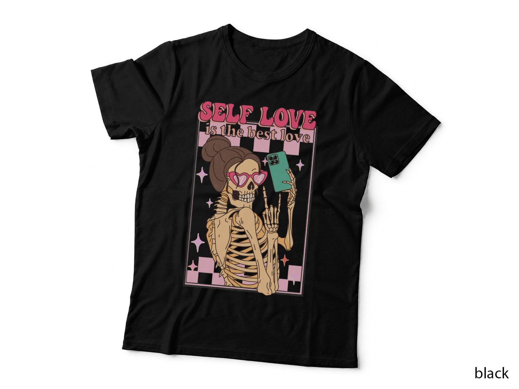 Self Love Is the Best Love Funny Skull T-Shirt, Skeleton Selfie in Heart