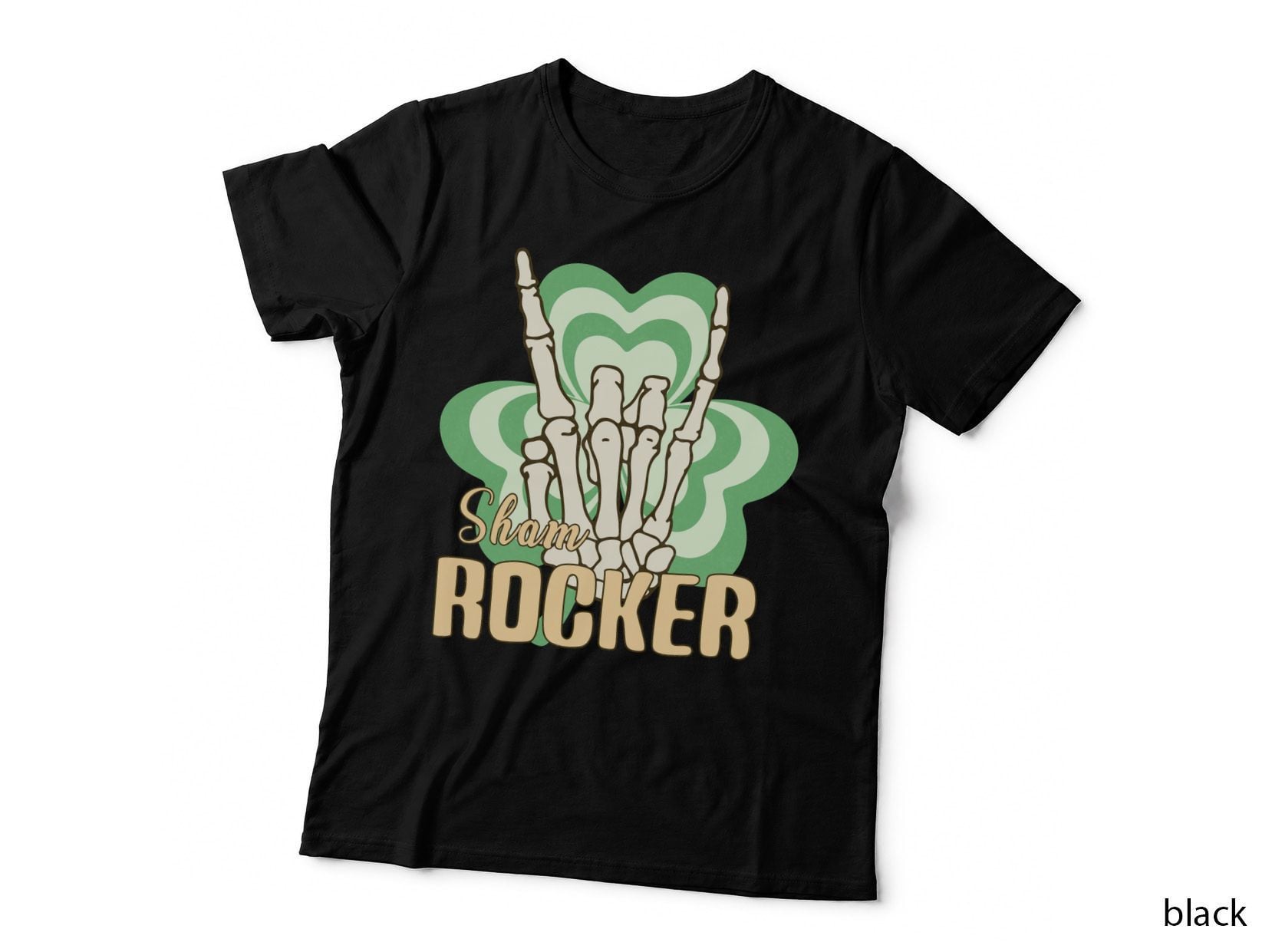 Shamrocker St Patricks Day T-Shirt, Skeleton Hand Rockin' Shamrock Graphic Tee
