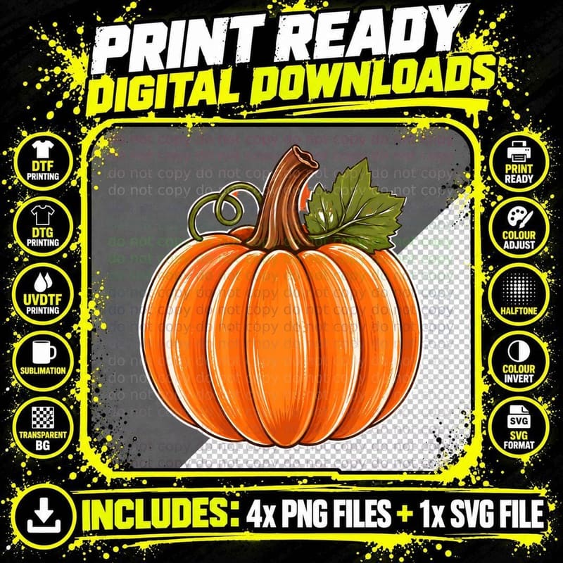 Single Orange Pumpkin Green Stem Halloween T-Shirt Png SVG Digital Bundle
